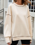 Slit Round Neck Long Sleeve T-Shirt