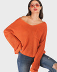 Perfee V-Neck Dropped Shoulder Long Sleeve Sweater