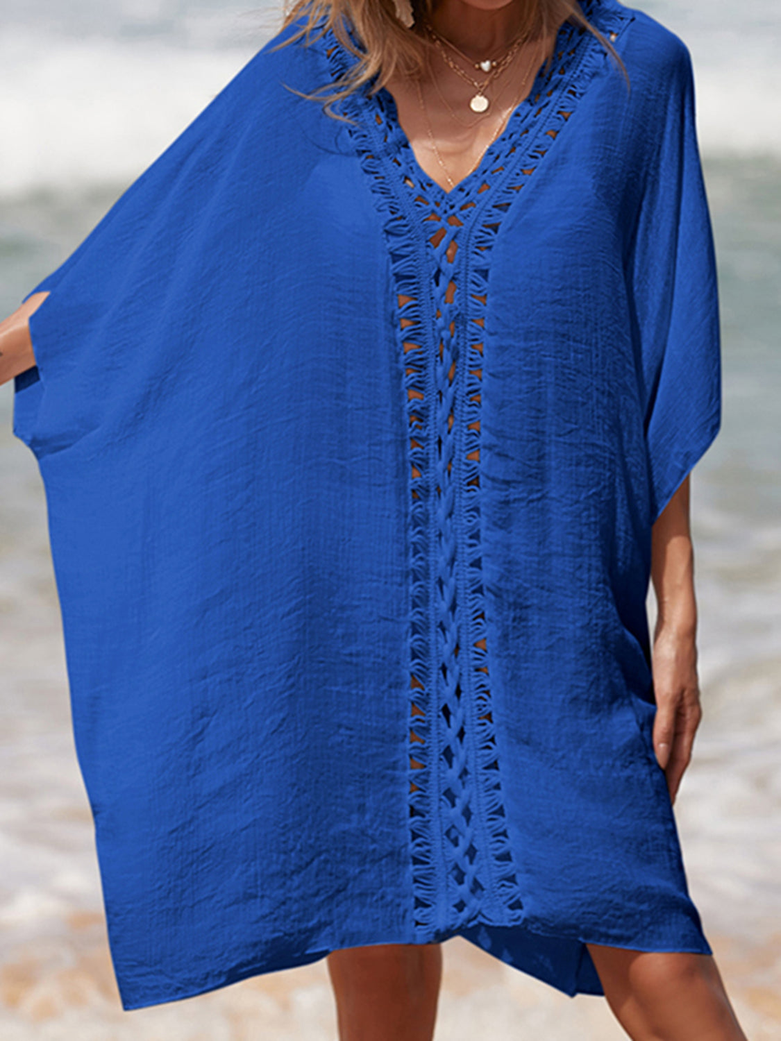 Dark Slate Blue Cutout V-Neck Three-Quarter Sleeve Cover Up Sentient Beauty Fashions Apparel &amp; Accessories