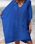 Dark Slate Blue Cutout V-Neck Three-Quarter Sleeve Cover Up Sentient Beauty Fashions Apparel & Accessories