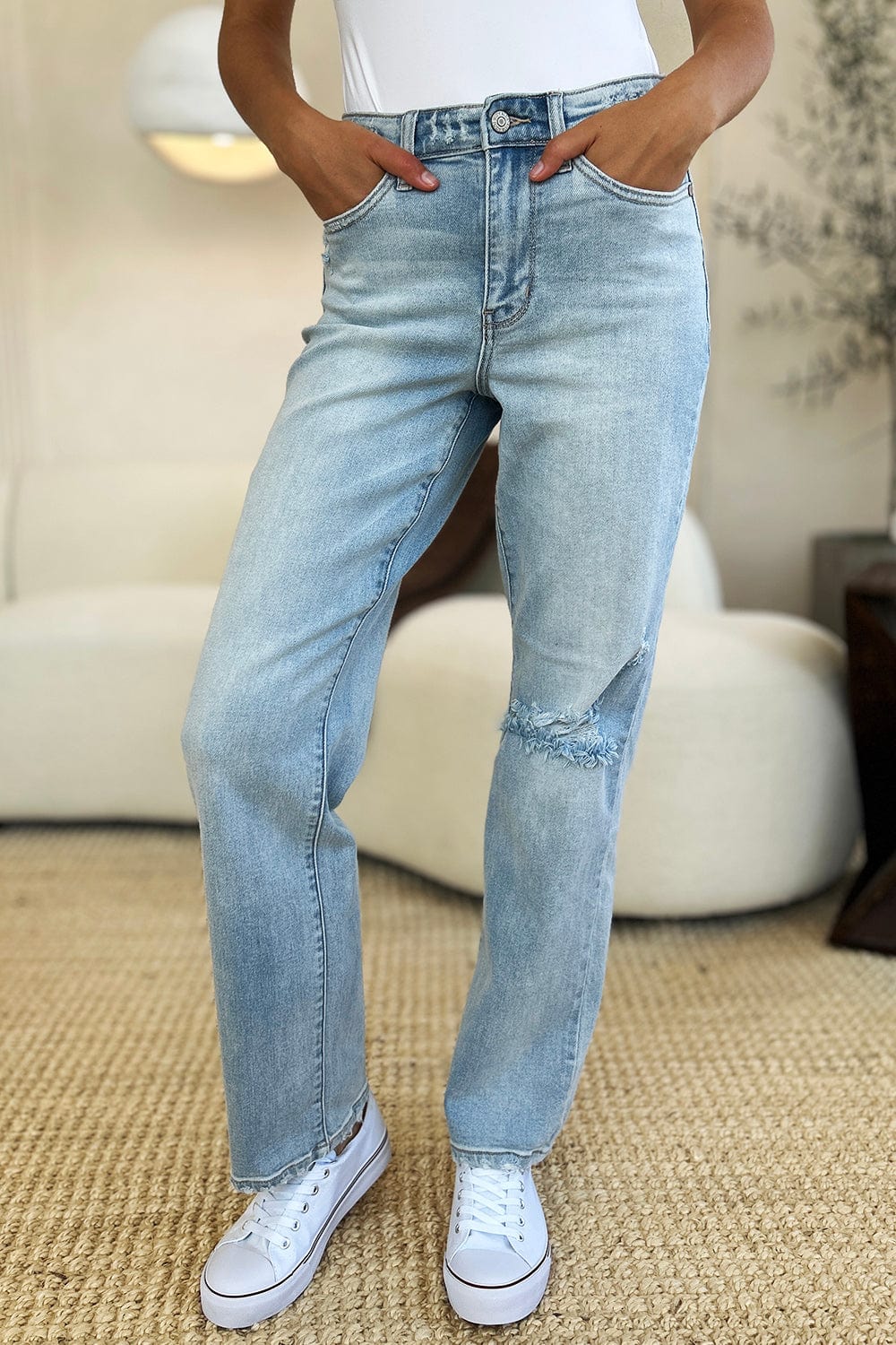 Dark Gray Judy Blue Full Size High Waist Distressed Straight Jeans