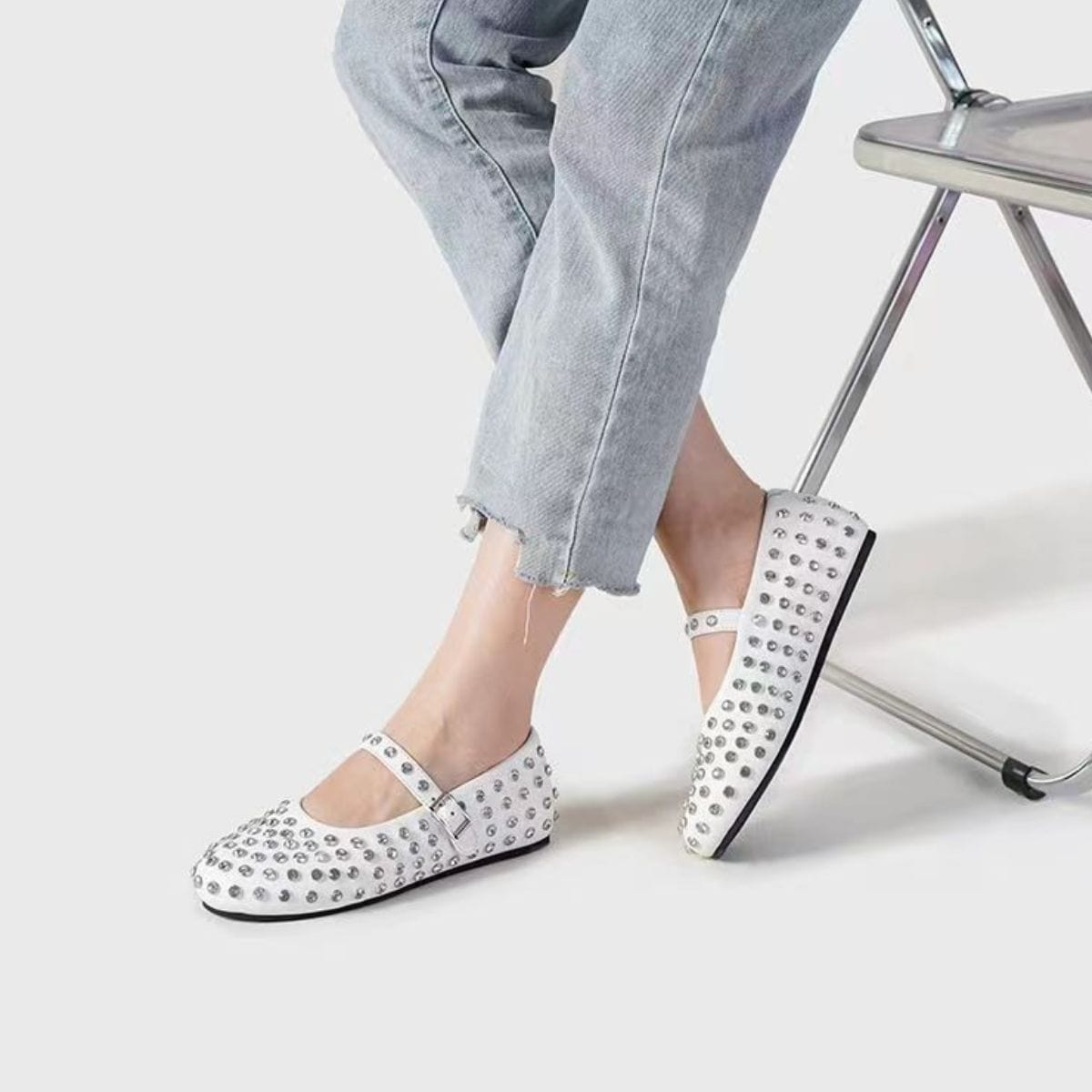 Light Gray PU Leather Studded Flat Loafers