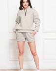 Antique White Half Zip Long Sleeve Sweatshirt and Drawstring Shorts Set