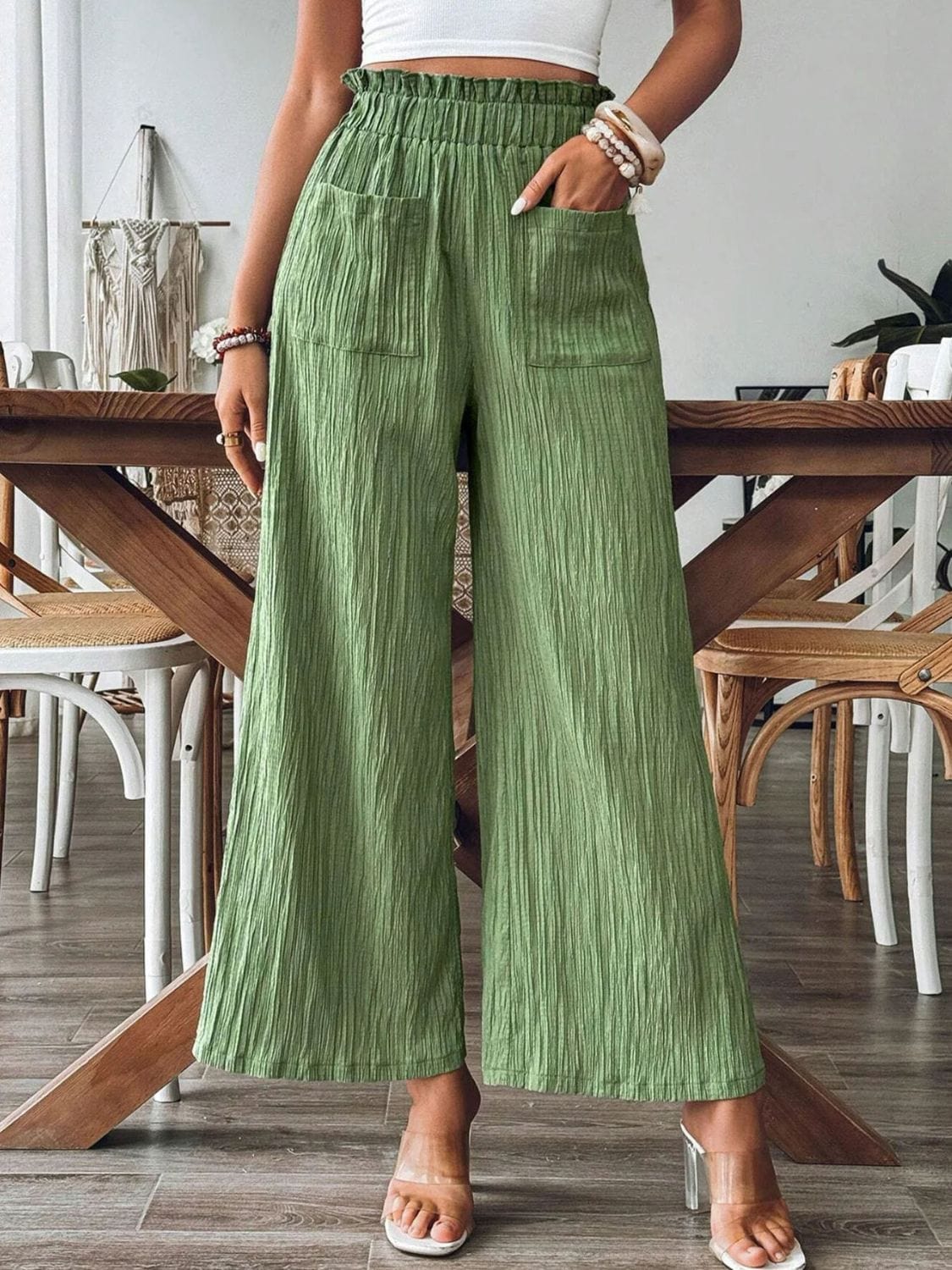 Dim Gray Pocketed Elastic Waist Wide Leg Pants