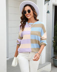 Angel Wings Round Neck Long Sleeve Color Block Dropped Shoulder Pullover Sweater