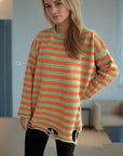 Distressed Striped Round Neck Long Sleeve Sweater