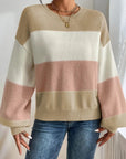 Color Block Round Neck Lantern Sleeve Sweater