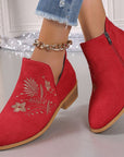 Embroidered Suede Point Toe Block Heel Boots