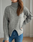 Front Slit Decorative Button Turtleneck Sweater