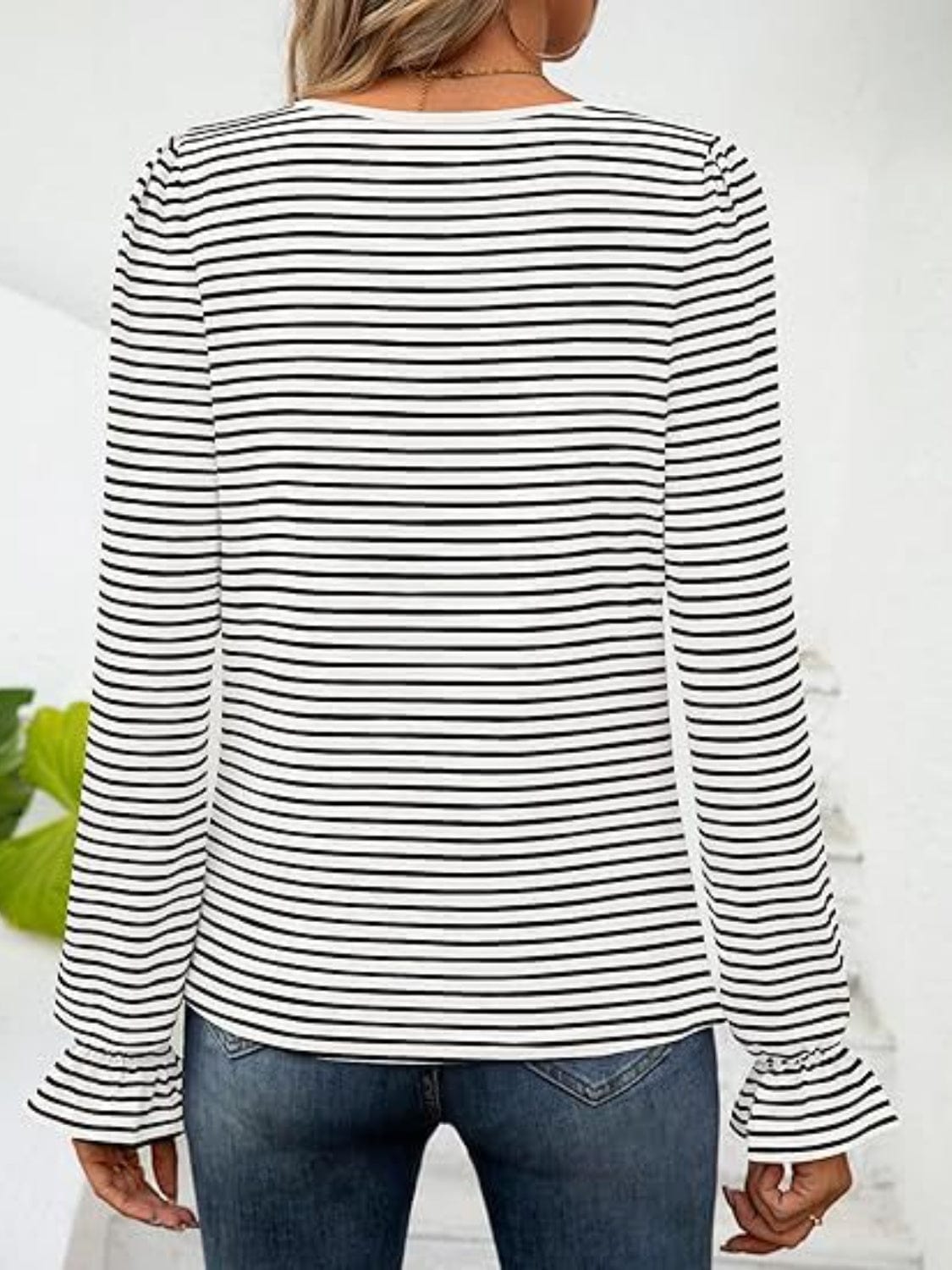 Striped Square Neck Flounce Sleeve Top