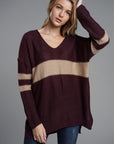 Slit Contrast V-Neck Long Sleeve Sweater