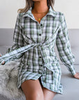 Gray Tied Plaid Long Sleeve Mini Shirt Dress