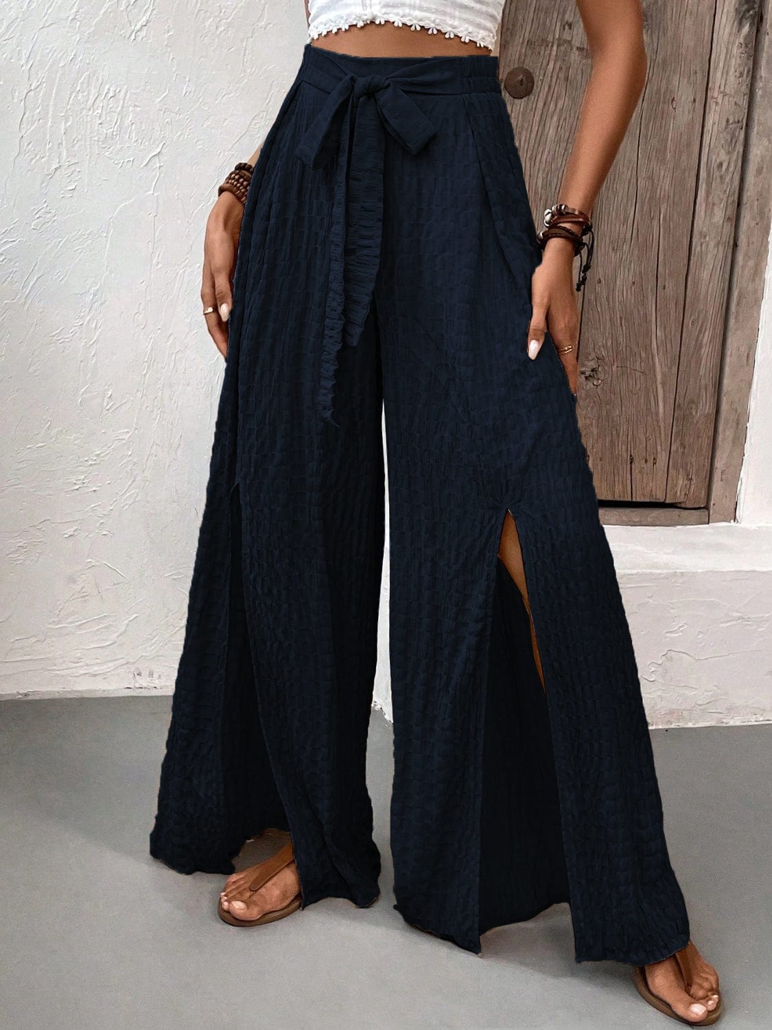 Light Gray Tied Slit Wide Leg Pants