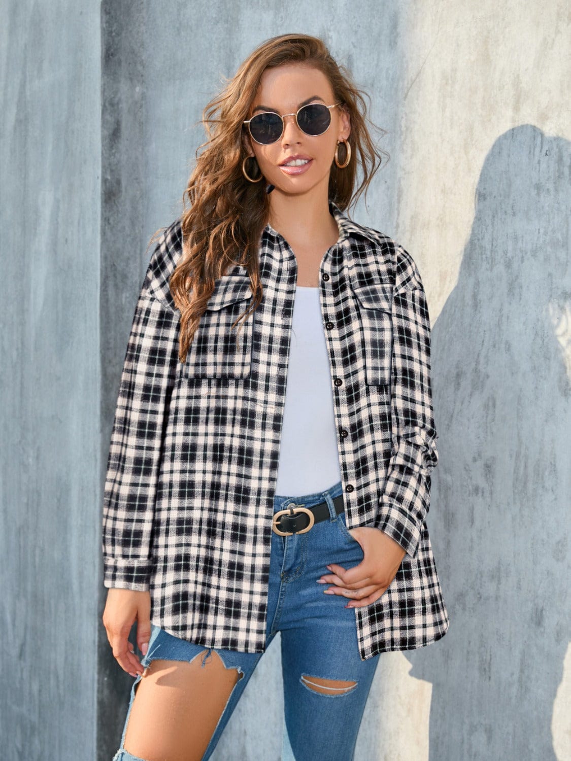 Dark Gray Plaid Button Up Pocketed Shirt