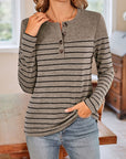 Lovelet Quarter Button Striped Round Neck Long Sleeve T-Shirt