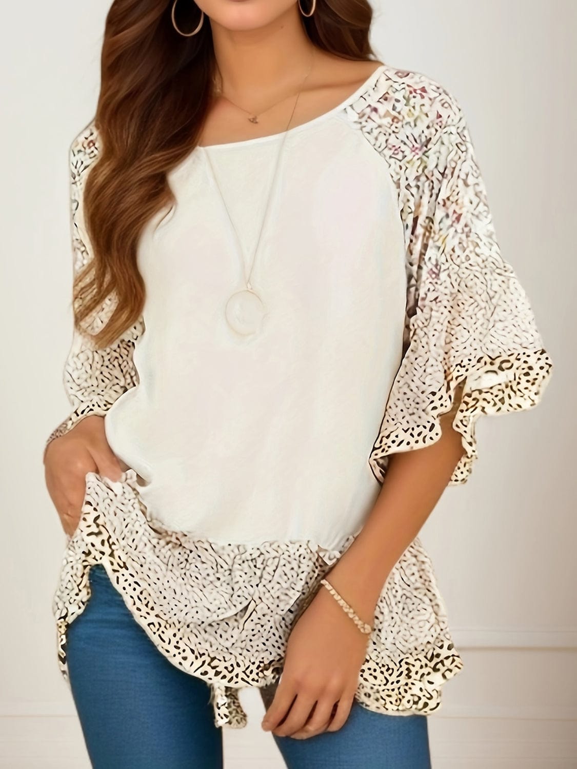 Light Gray Full Size Frill Printed Round Neck Half Sleeve Blouse