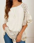 Light Gray Full Size Frill Printed Round Neck Half Sleeve Blouse