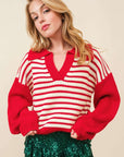 Striped Johnny Collar Long Sleeve Sweater