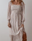 Smocked Floral Square Neck Long Sleeve Midi Dress