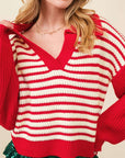 Striped Johnny Collar Long Sleeve Sweater