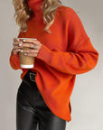 Basic Bae Side Slit Turtleneck Dropped Shoulder Sweater