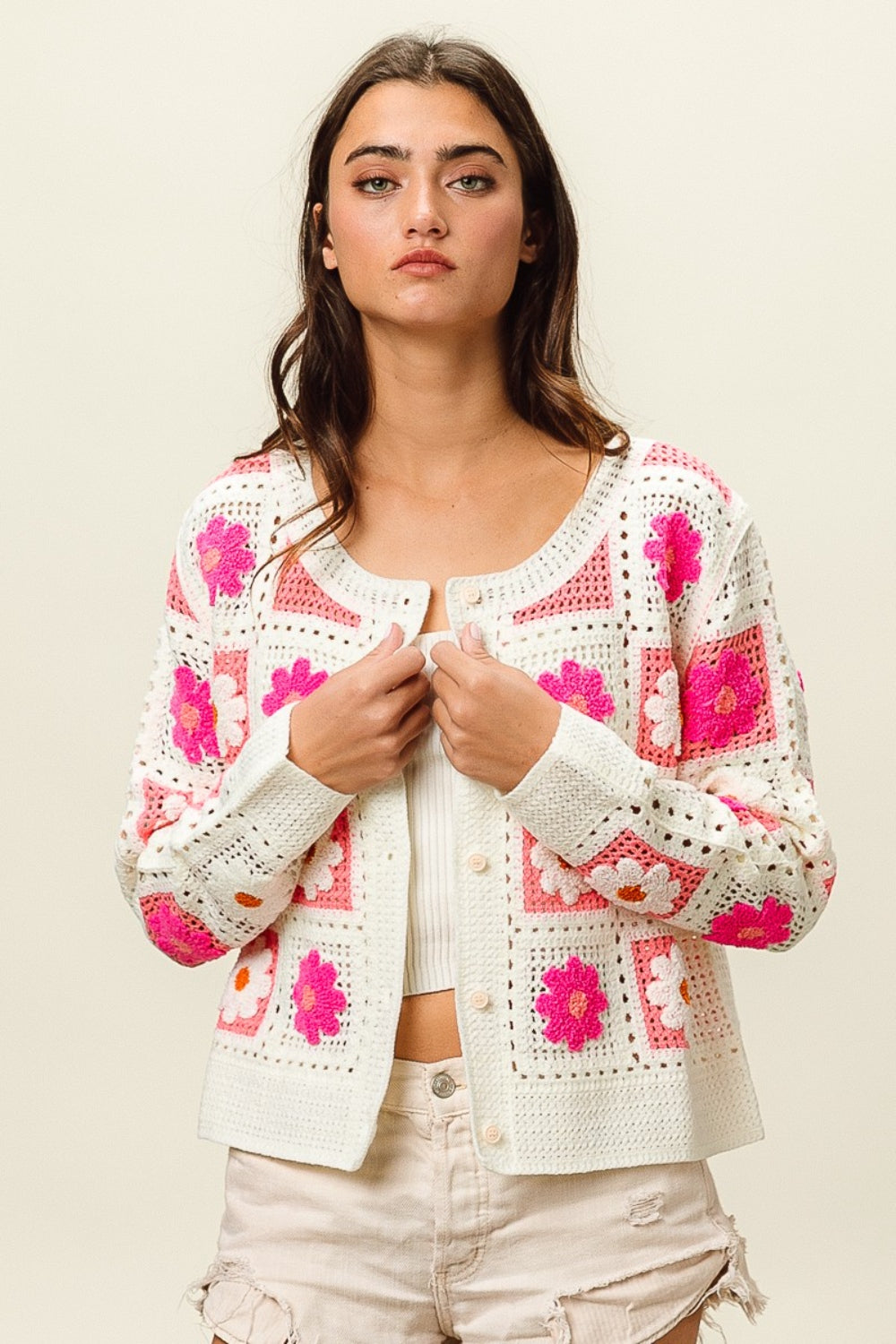 Antique White BiBi Flower Crochet Lace Button Up Cardigan Sentient Beauty Fashions Apparel & Accessories