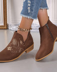 Embroidered Suede Point Toe Block Heel Boots