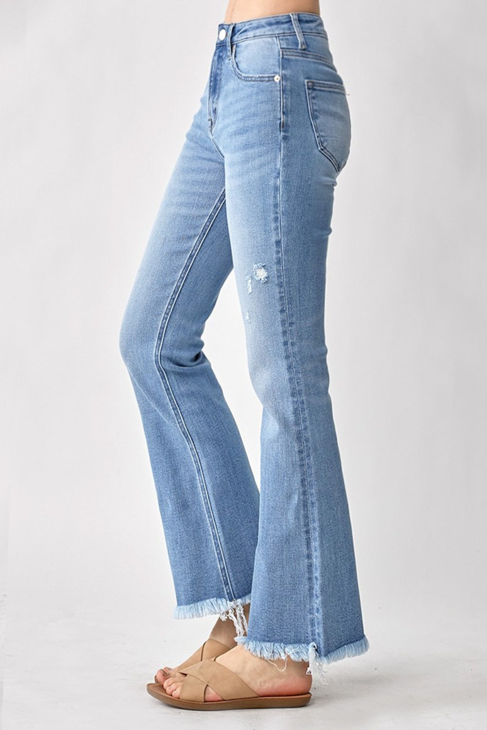 Light Gray RISEN High Rise Frayed Hem Bootcut Jeans Sentient Beauty Fashions Apparel & Accessories