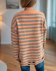 Distressed Striped Round Neck Long Sleeve Sweater