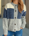 Color Block Round Neck Button Up Cardigan