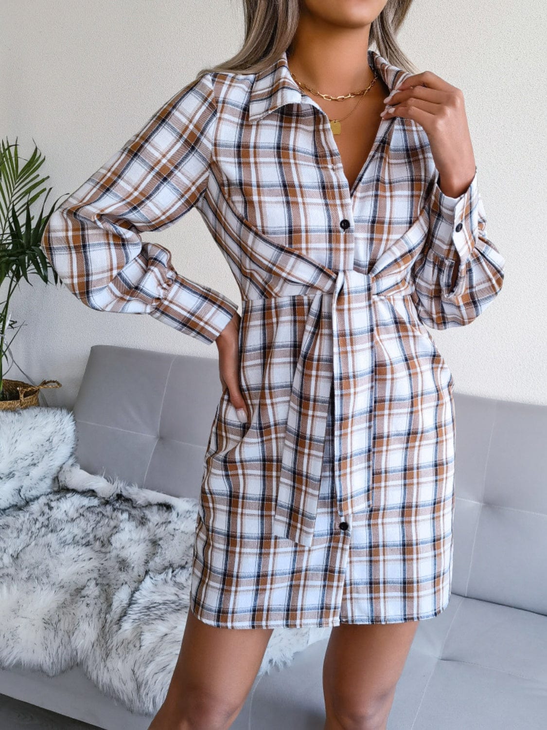 Gray Tied Plaid Long Sleeve Mini Shirt Dress