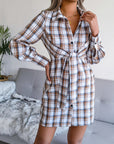 Gray Tied Plaid Long Sleeve Mini Shirt Dress