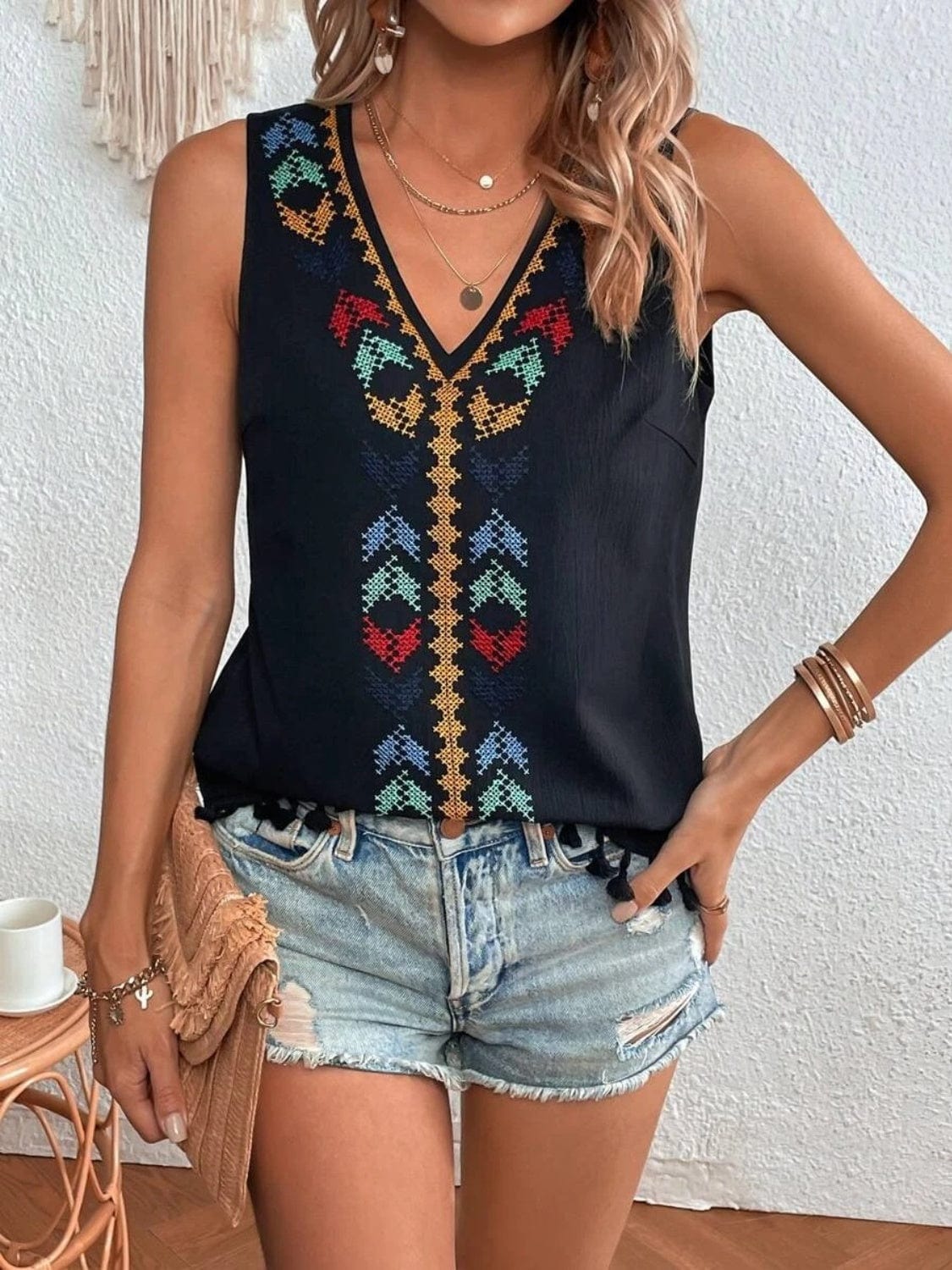 Gray Tassel Printed V-Neck Tank