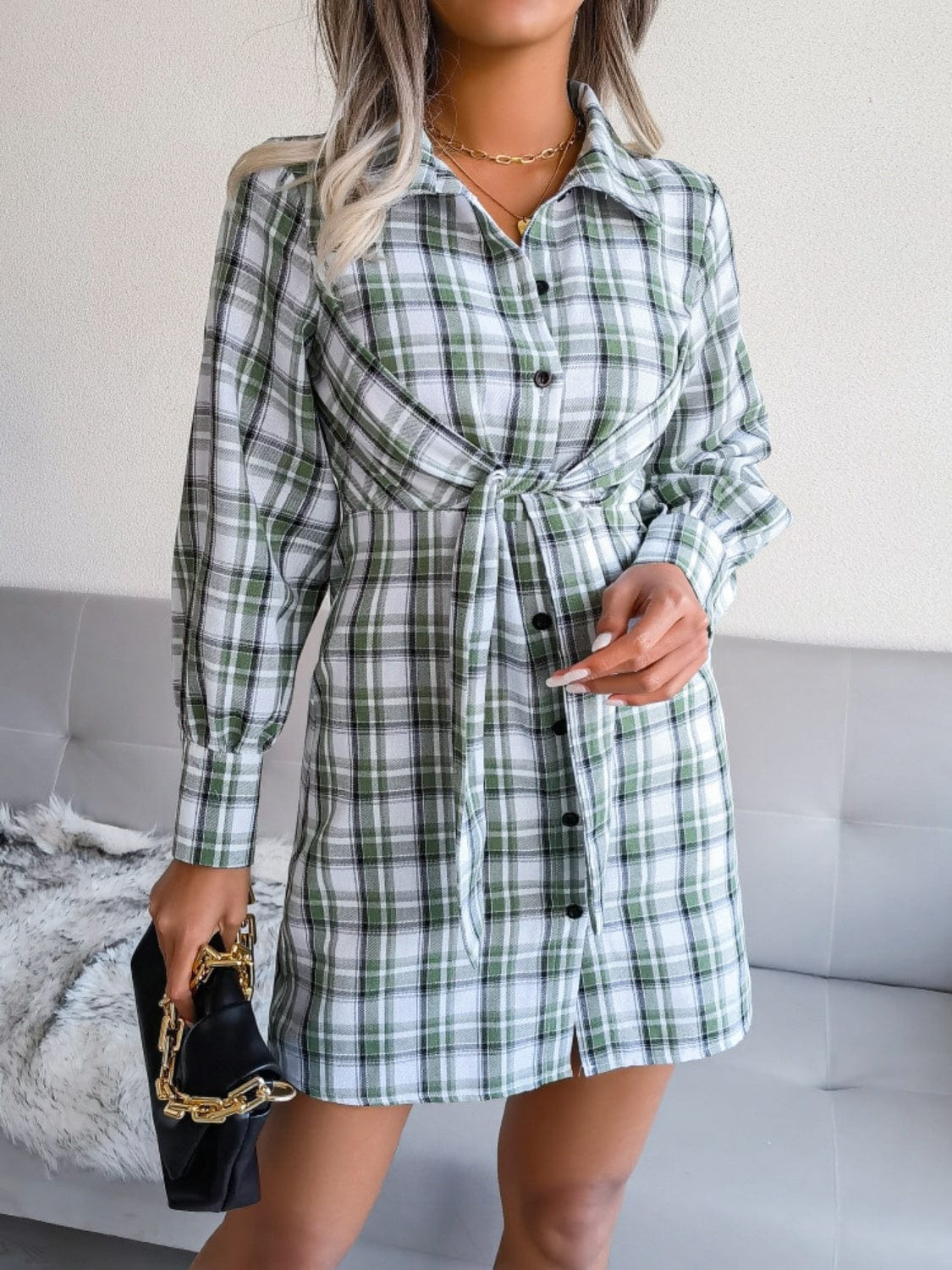 Gray Tied Plaid Long Sleeve Mini Shirt Dress