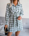 Gray Tied Plaid Long Sleeve Mini Shirt Dress