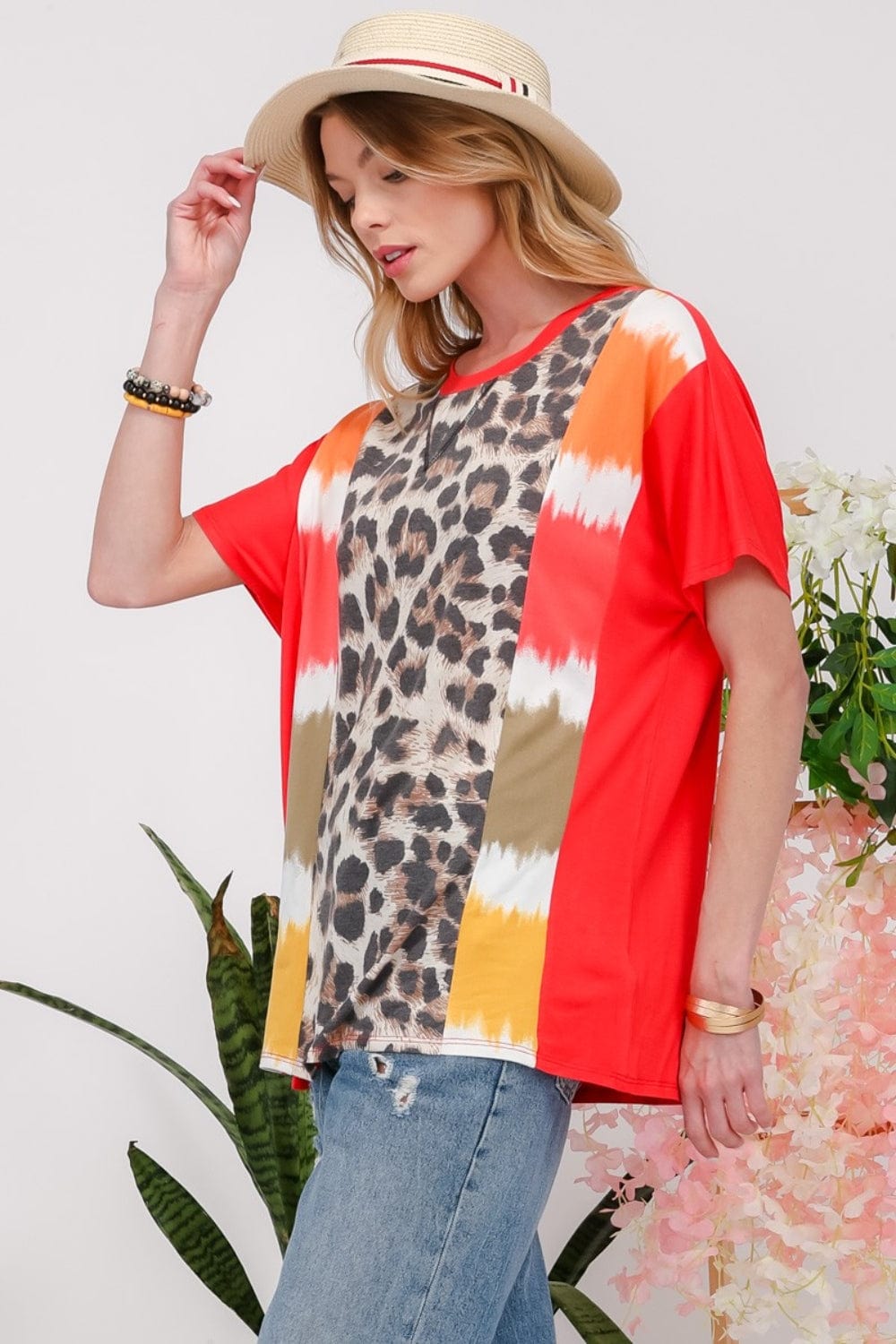 Light Gray Celeste Full Size Leopard Color Block T-Shirt