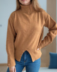 Front Slit Decorative Button Turtleneck Sweater