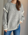 Contrast Trim Round Neck Dropped Shoulder Sweater