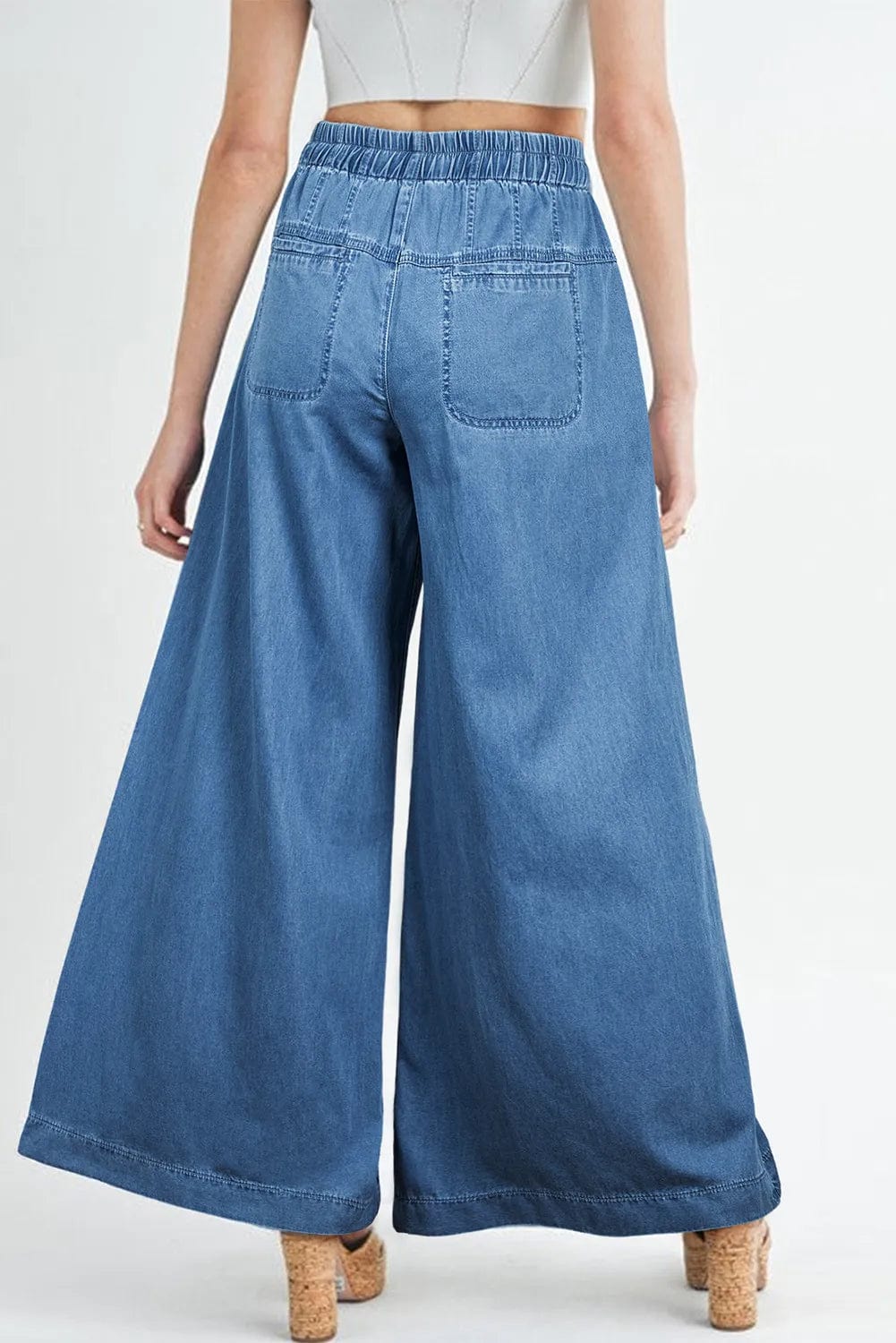 Dark Slate Blue Drawstring Elastic Waist Wide Leg Jeans