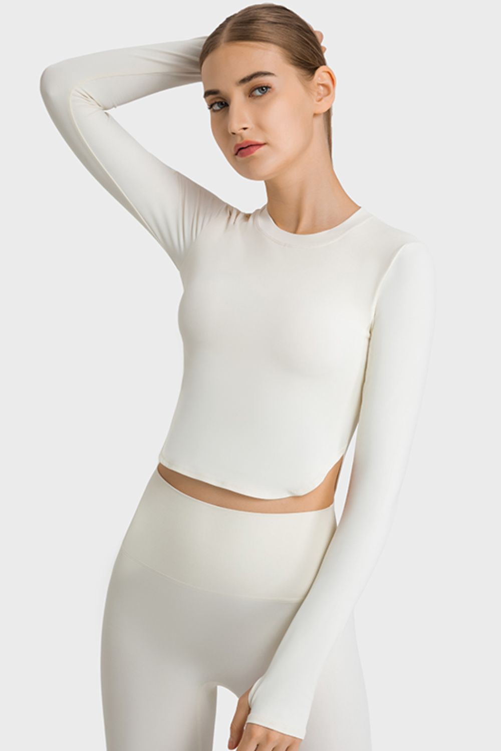 Light Gray Side Slit Long Sleeve Round Neck Crop Top Sentient Beauty Fashions Apaparel &amp; Accessories