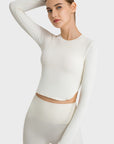 Light Gray Side Slit Long Sleeve Round Neck Crop Top