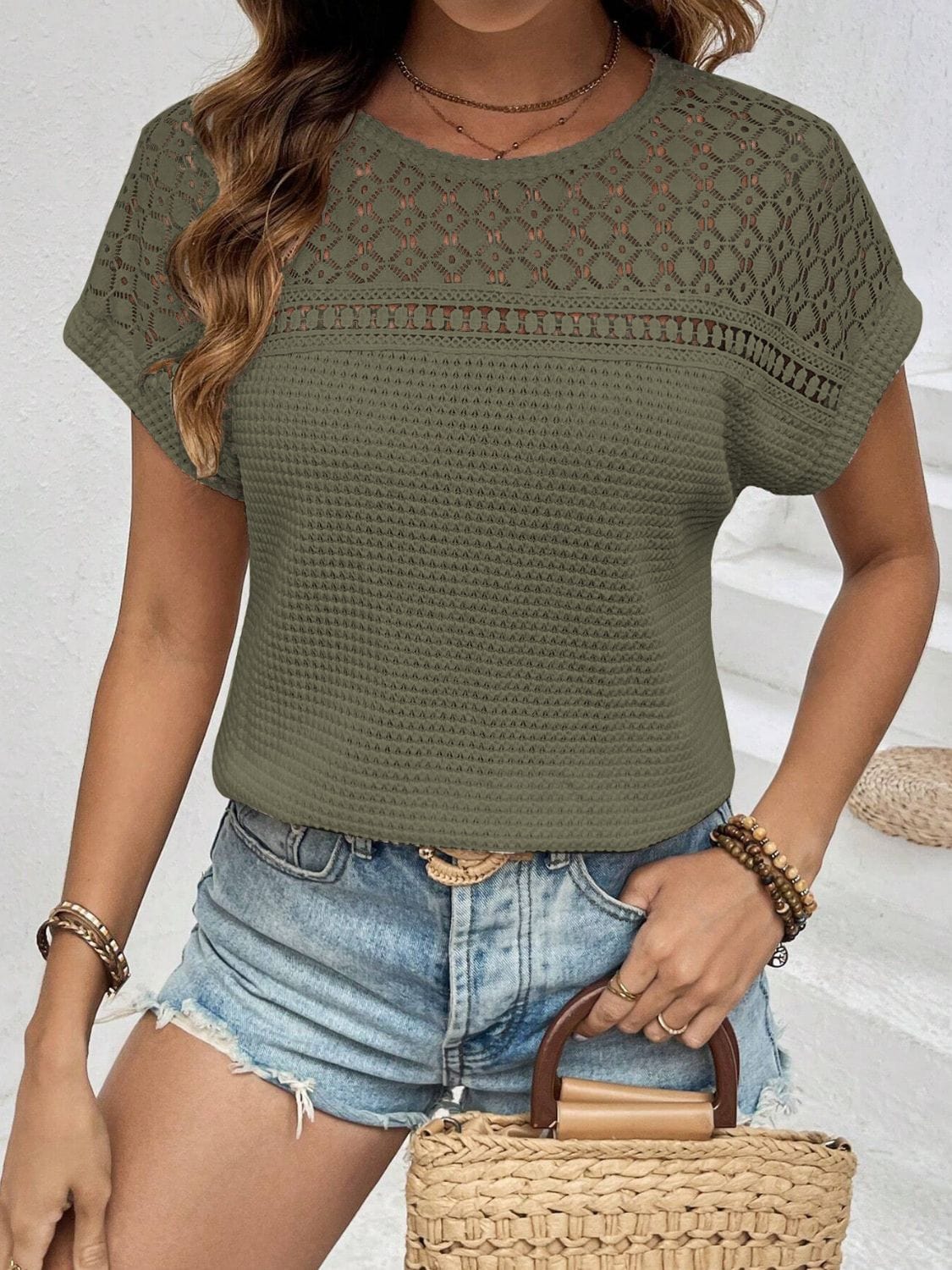 Dim Gray Waffle-Knit Round Neck Short Sleeve Top