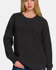 Dark Slate Gray Zenana High Low Long Sleeve Waffle Sweater