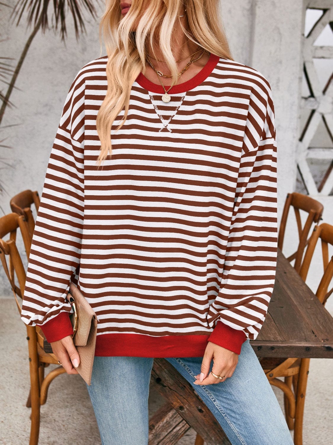 Gray Contrast Striped Long Sleeve Sweatshirt