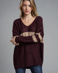 Slit Contrast V-Neck Long Sleeve Sweater