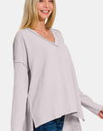 Zenana Texture Exposed Seam V-Neck Long Sleeve T-Shirt