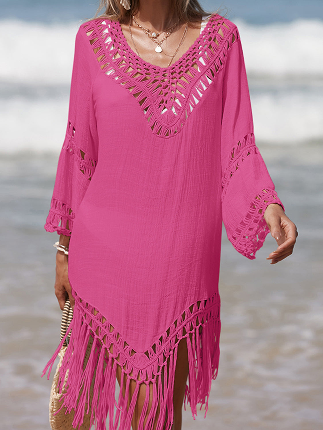 Rosy Brown Cutout Fringe Scoop Neck Cover-Up Sentient Beauty Fashions Apparel &amp; Accessories