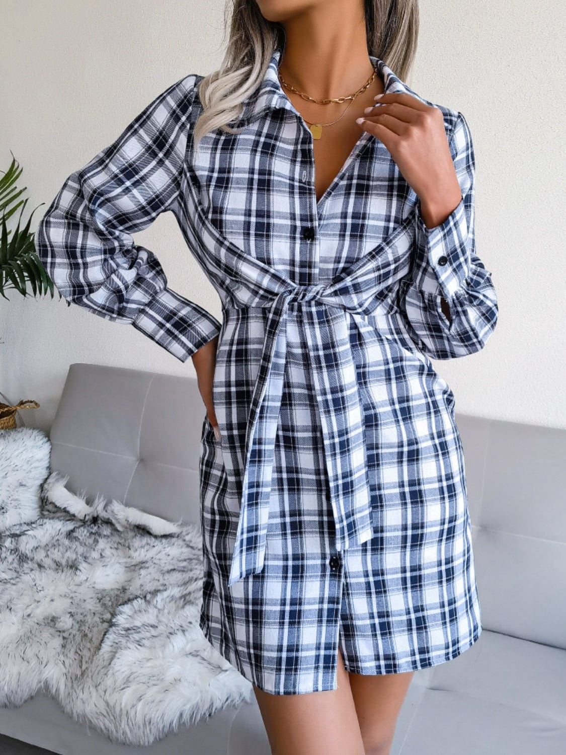 Gray Tied Plaid Long Sleeve Mini Shirt Dress