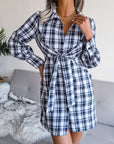 Gray Tied Plaid Long Sleeve Mini Shirt Dress