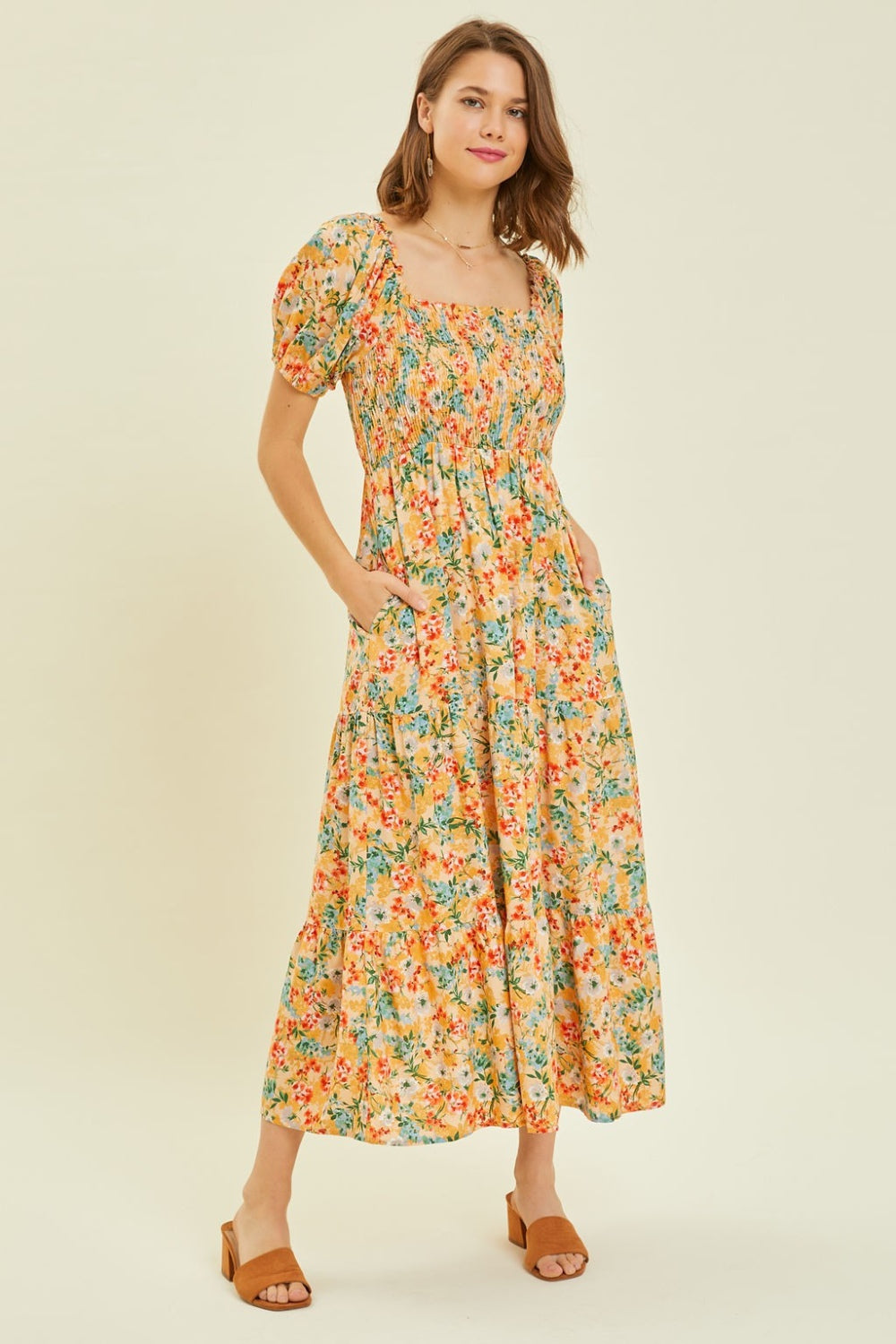 Wheat HEYSON Full Size Floral Smocked Tiered Midi Dress Sentient Beauty Fashions Apaparel & Accessories